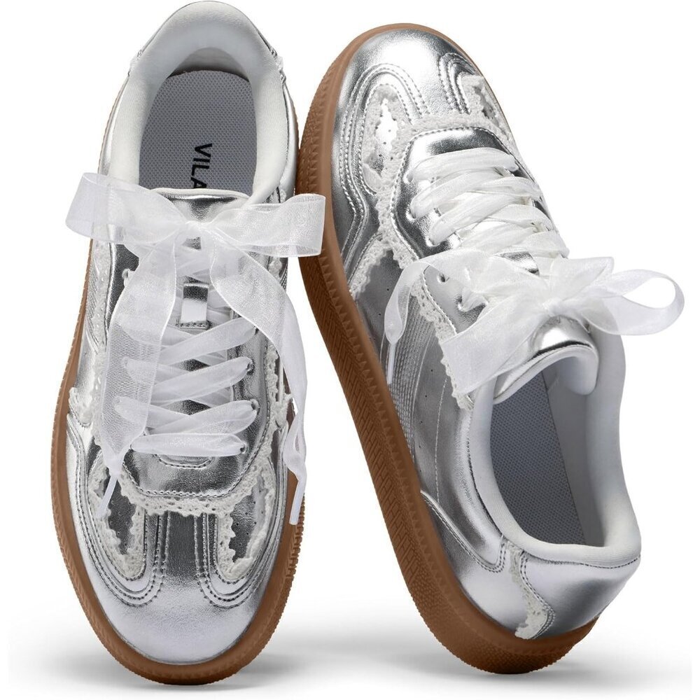 Women's Silver Lace Casual Dress Retro Gum Sole Trendy Walking Footwear Sneakers